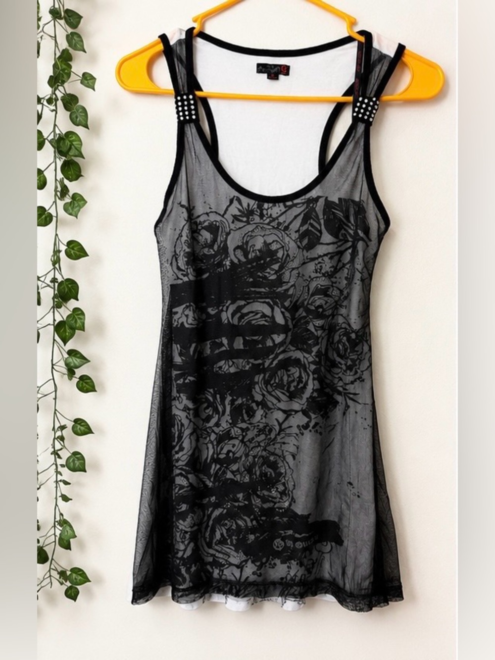 G by Guess Black Mesh Floral Rhinestone Tank Top Medium Y2K Grunge Sheer Top